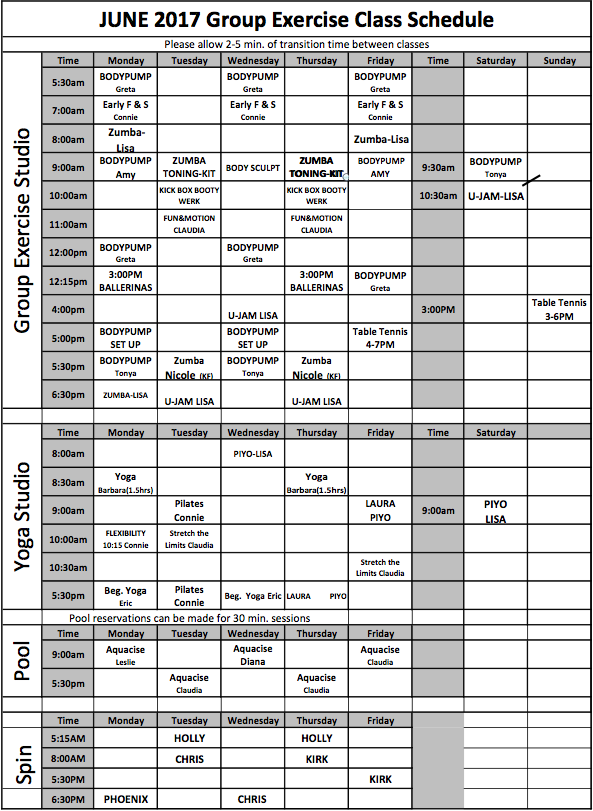 CLASS SCHEDULE - Shasta Athletic Club